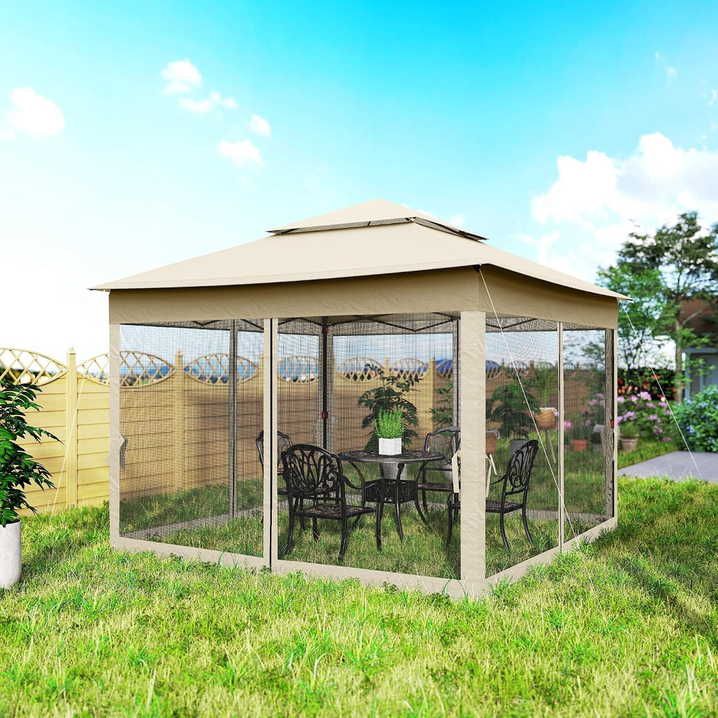 Outsunny 11' x 11' Pop Up Canopy, Outdoor Patio Gazebo Shelter with Removable Zipper Netting, Instant Event Tent w/ 114 Square Feet of Shade and Carry Bag for Backyard, Garden, Beige