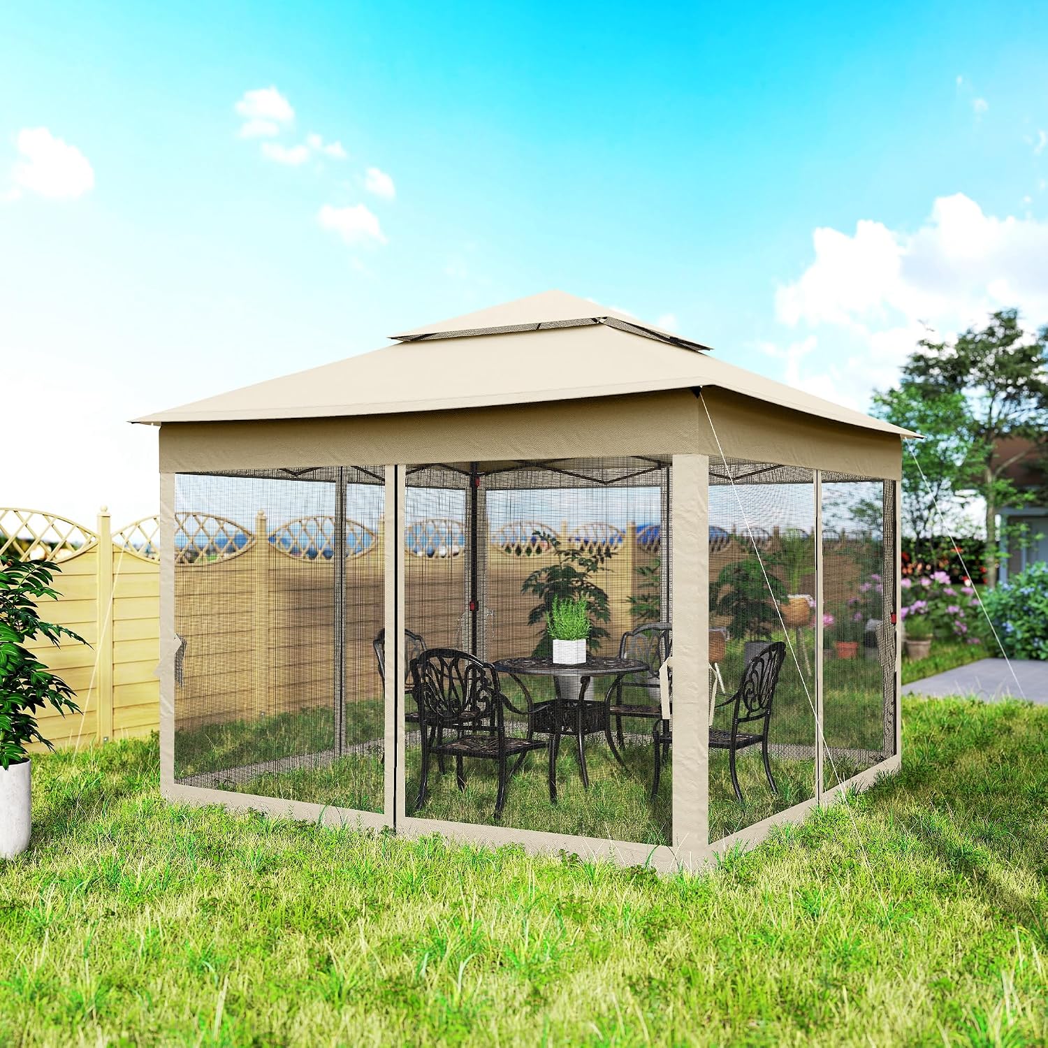 Outsunny 11' x 11' Pop Up Canopy, Outdoor Patio Gazebo Shelter with Removable Zipper Netting, Instant Event Tent w/ 114 Square Feet of Shade and Carry Bag for Backyard, Garden, Beige