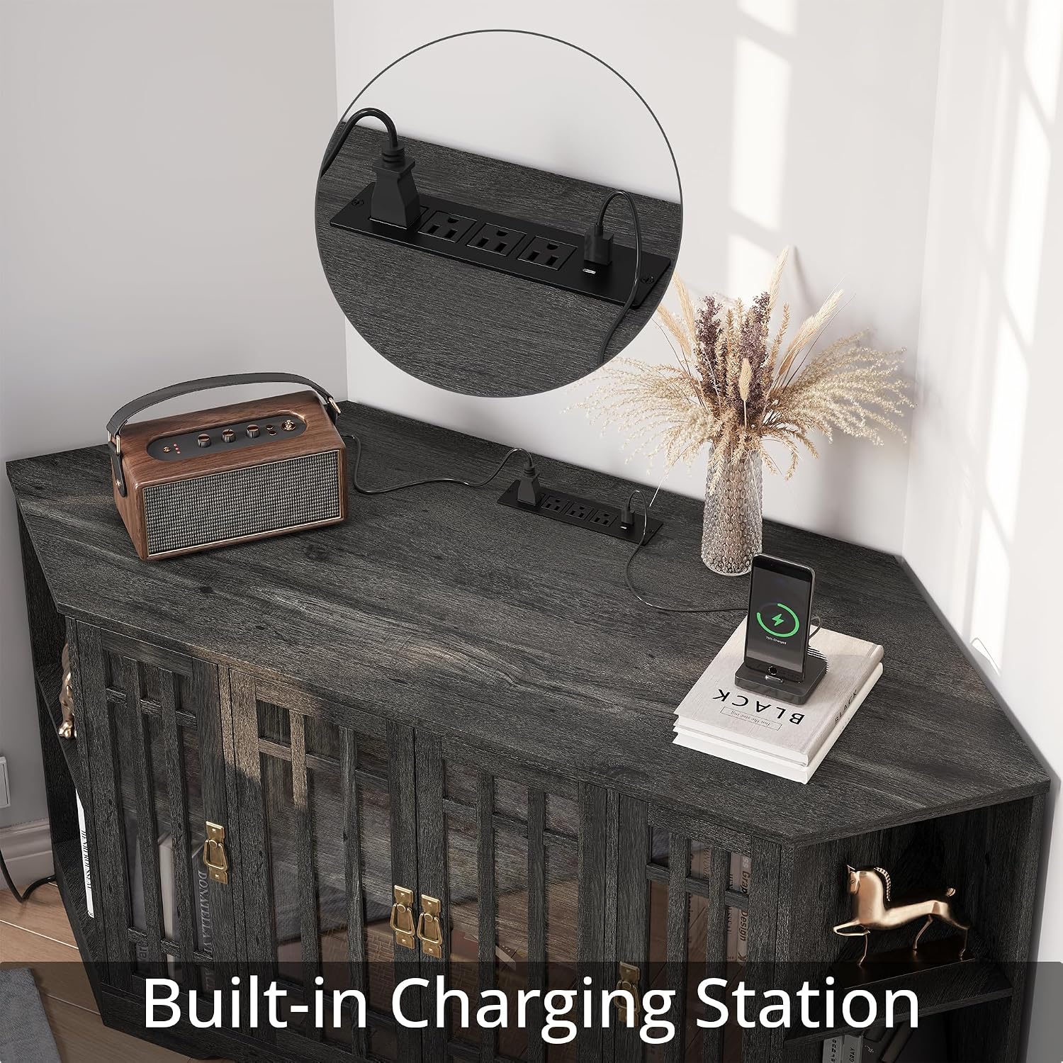 IRONCK Corner TV Stand for TVs up to 60 Inch with Power Outlet, Corner Entertainment Center with Storage Cabinet and Glass Doors, Mid Century Modern TV Stand for Living Room, Bedroom, Charcoal Grey