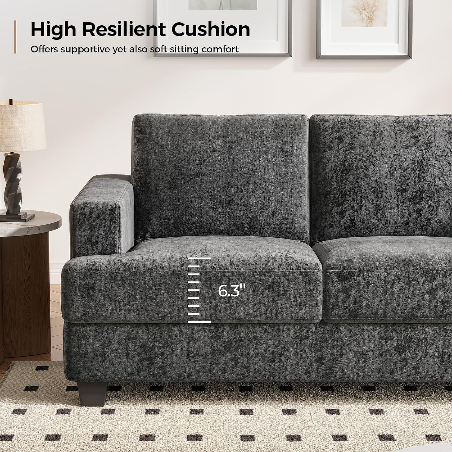 COPIAE 89 Inch Sofa with Extra Deep Seats Oversize,3 Seater Sofa for Living Room, Modern Couch and Sofa, Comfy Armrests and Seats and Backrests, Easy Installation,Chenille Fabric Gray