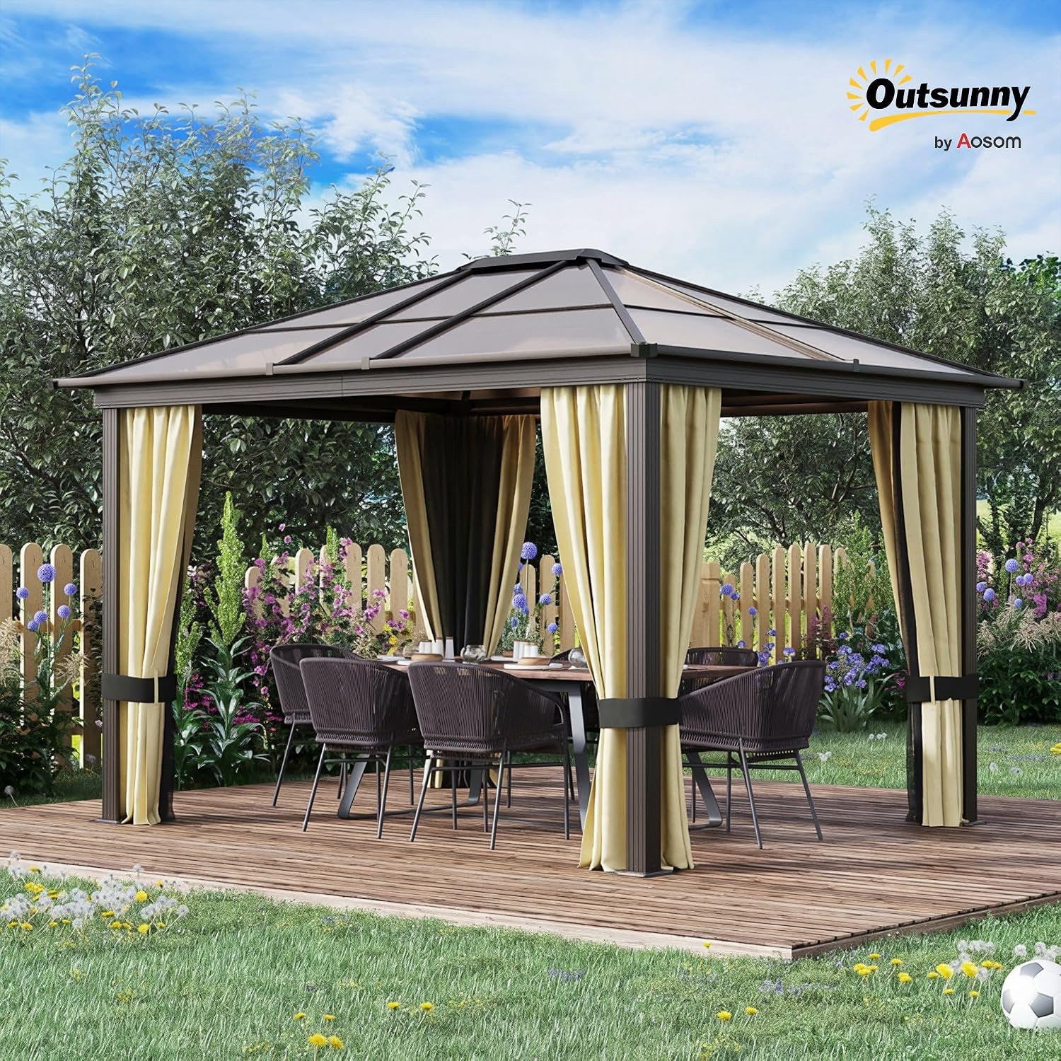 Outsunny 10' x 12' Hardtop Gazebo Canopy with Polycarbonate Roof, Aluminum Frame, Permanent Pavilion Outdoor Gazebo with Netting, for Patio, Garden, Backyard, Deck, Lawn, Black, Beige