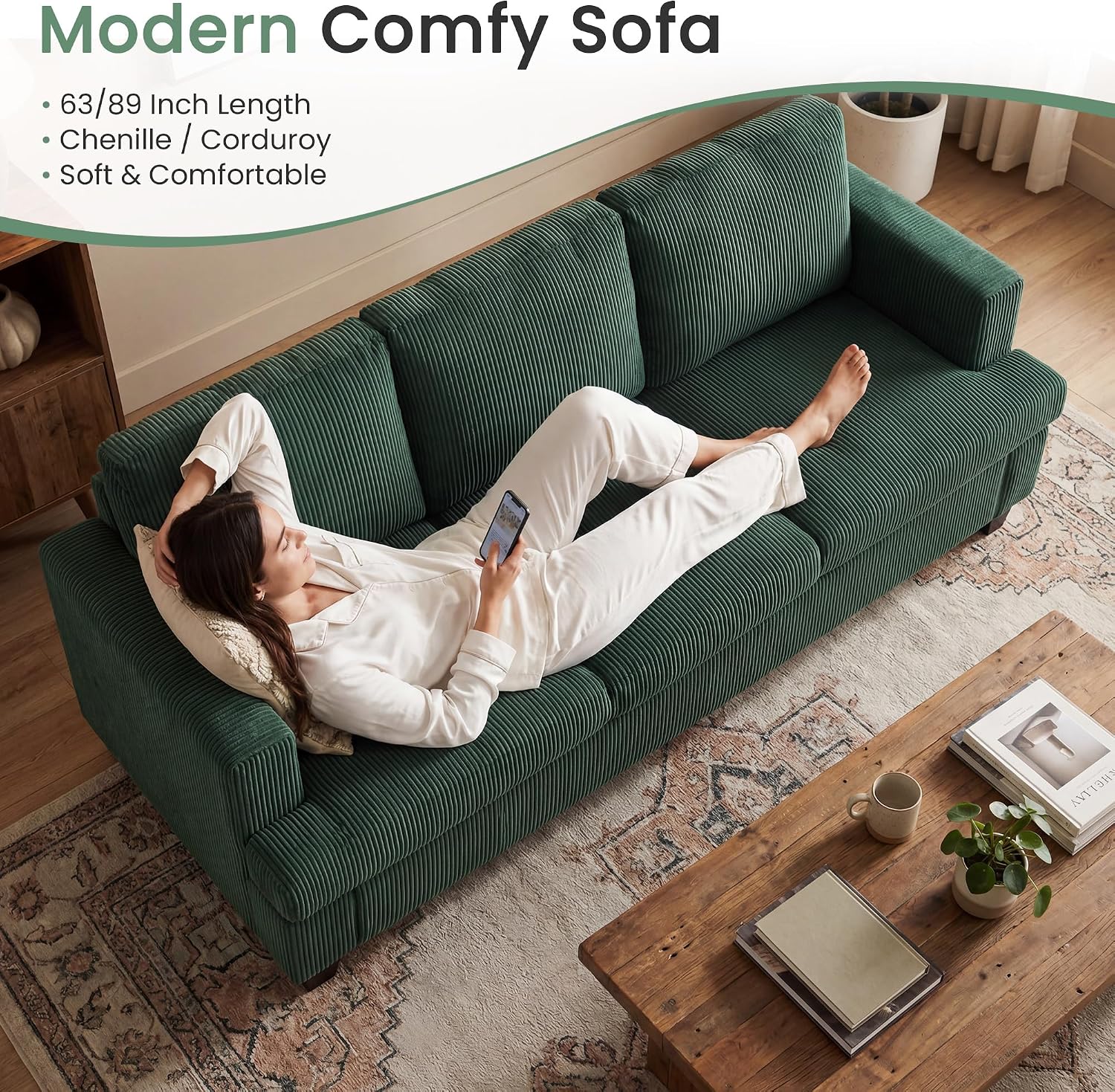 YOUDENOVA 2 Piece Set Comfy Sofa Couch, 3 Seater & Loveseat Sofa with Deep Seats, Modern Sleeper Couch for Living Room, Green Corduroy