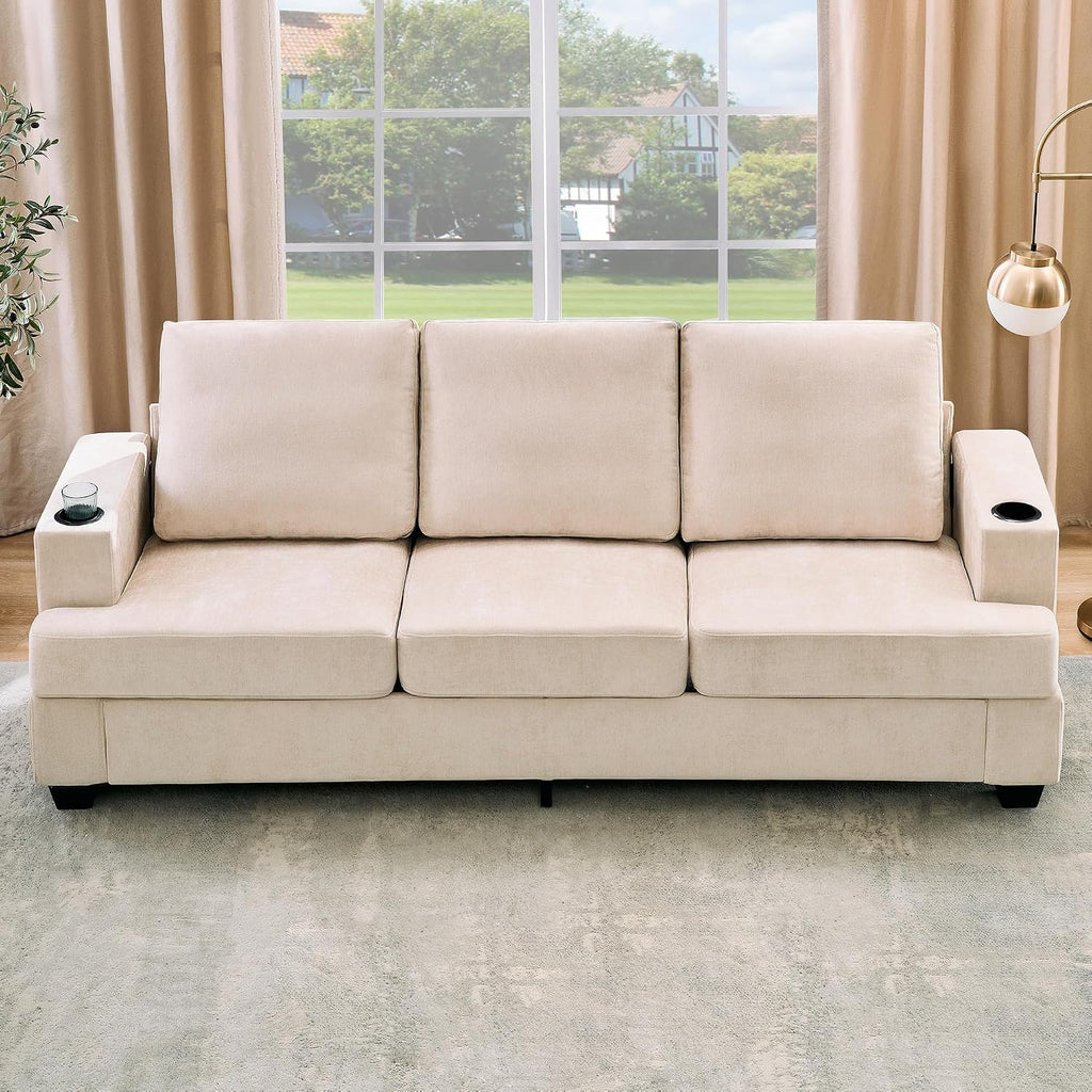 GAOMON 89' Chenille 3-Seater Sofa with Cup Holders and Side Storage Pockets, Modern Sofa for Living Room, Deep Seat Couches for Apartment Lounge, Beige