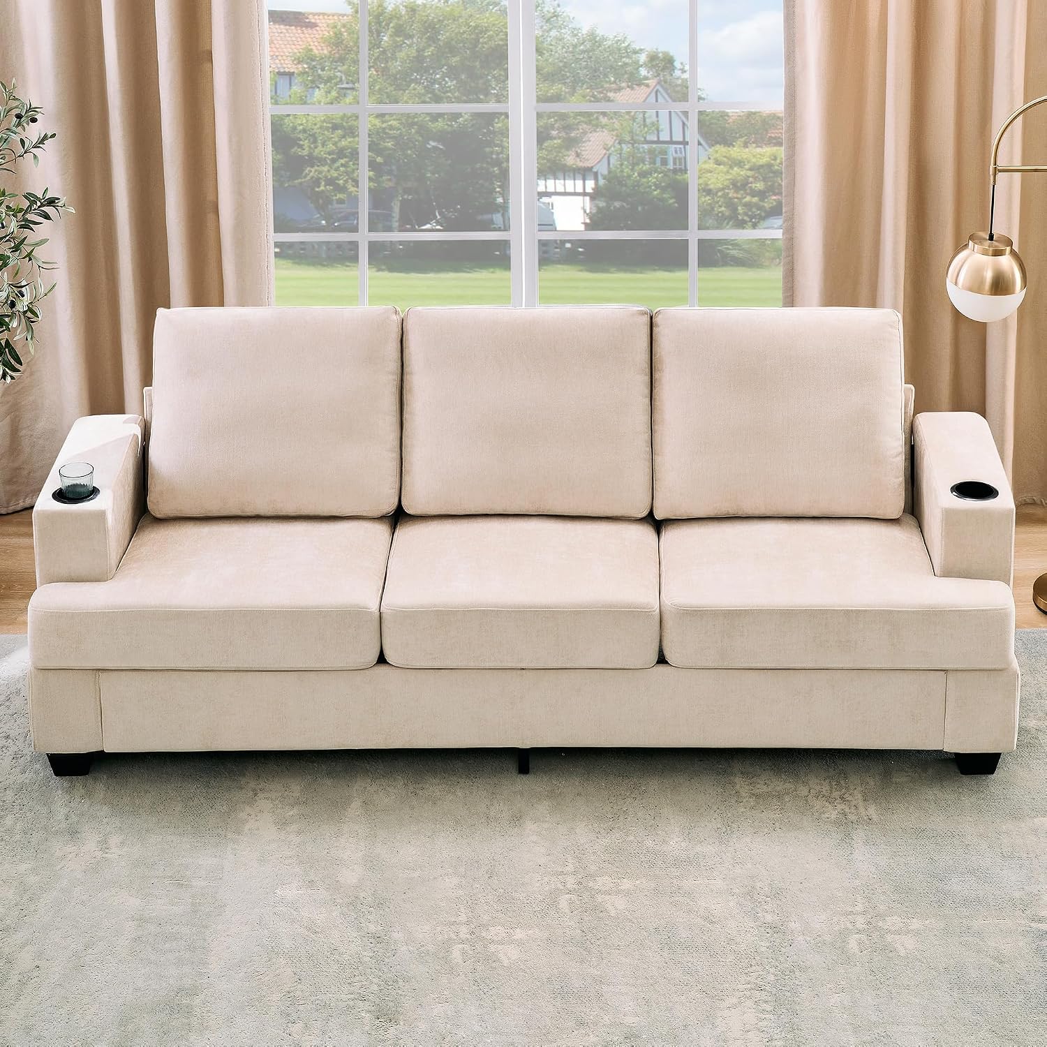 GAOMON 89' Chenille 3-Seater Sofa with Cup Holders and Side Storage Pockets, Modern Sofa for Living Room, Deep Seat Couches for Apartment Lounge, Beige