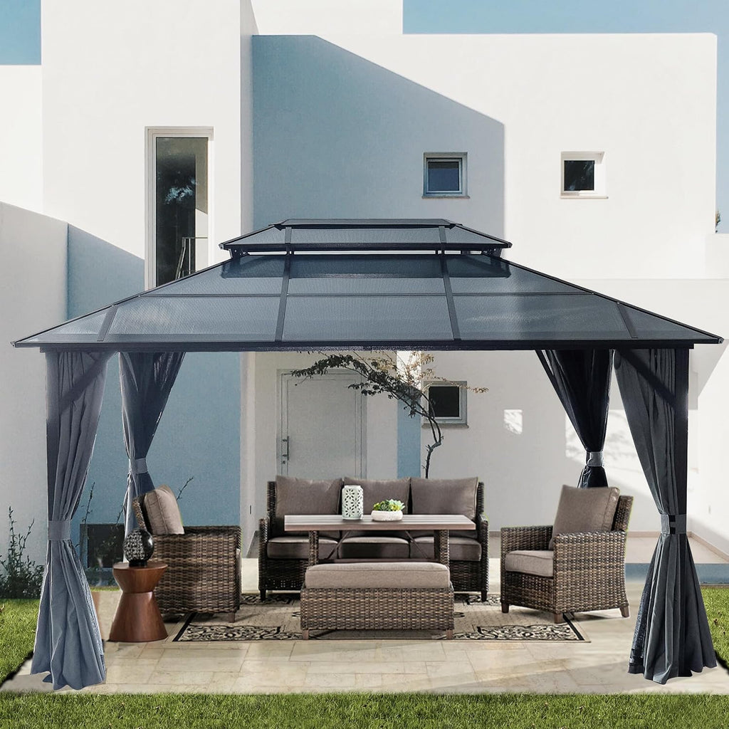 10x13ft Outdoor Hardtop Gazebo with Netting and Curtains, Heavy-Duty Galvanized Aluminum Frame Gazebo with 2-Tier Waterproof Polycarbonate Roof for Patio, Backyard, Deck and Lawns, Black