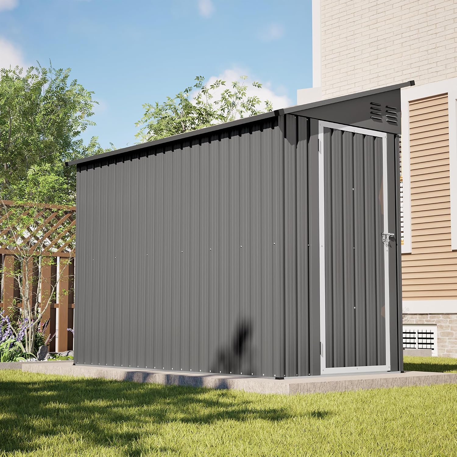 YOPTO 4×8 FT Lean to Metal Shed,Outdoor Heavy-Duty Storage Shed with Floor Base,All Weather Waterproof Garden Tool House W/Lockable Door&2 Air Vents,Reversible Door Design,for Backyard,Patio,Lawn,Gray