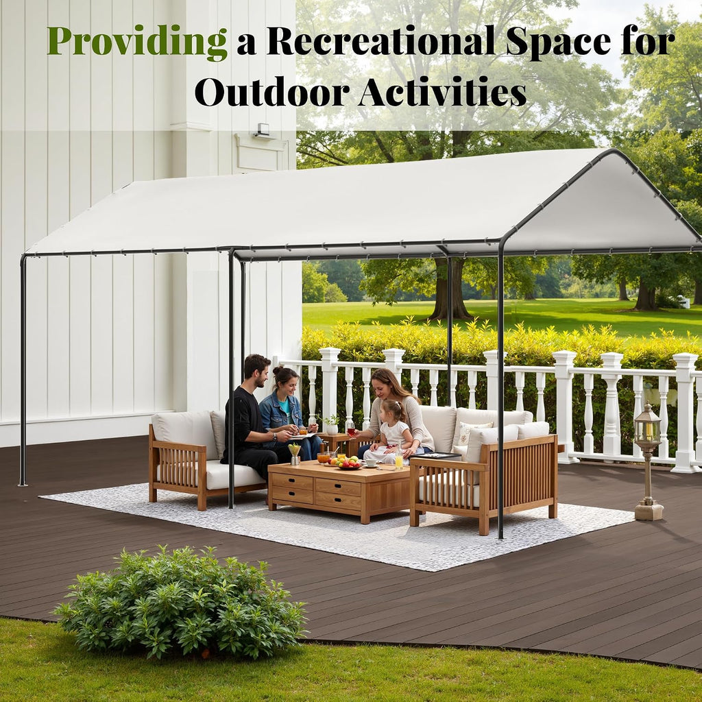 GOJOOASIS 10x20 Carport Heavy Duty Portable Garage Shelter Metal Car Canopy Tent with UV-Resistant & Weatherproof Top Cover for RV & Vehicles (White, 10x20 Without sidewalls)