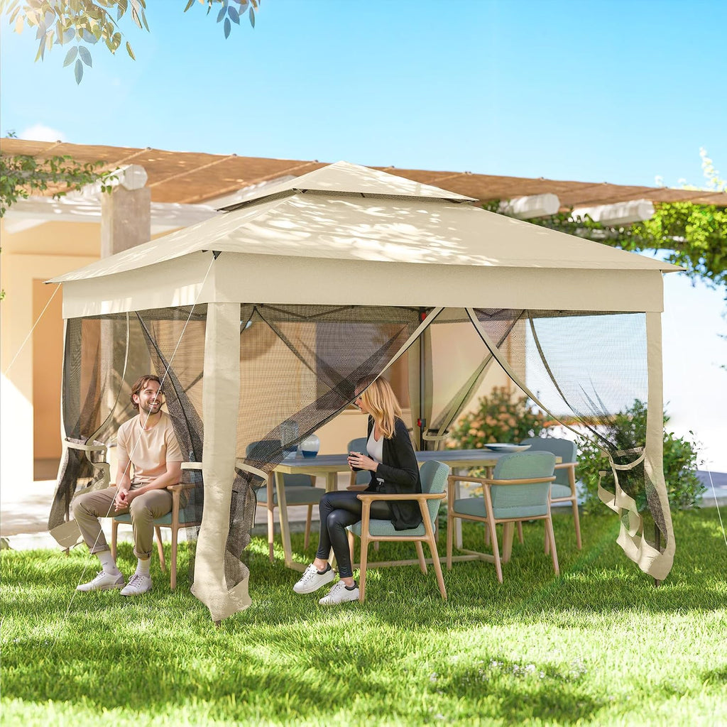 Outsunny 11' x 11' Pop Up Canopy, Outdoor Patio Gazebo Shelter with Removable Zipper Netting, Instant Event Tent w/ 114 Square Feet of Shade and Carry Bag for Backyard, Garden, Beige