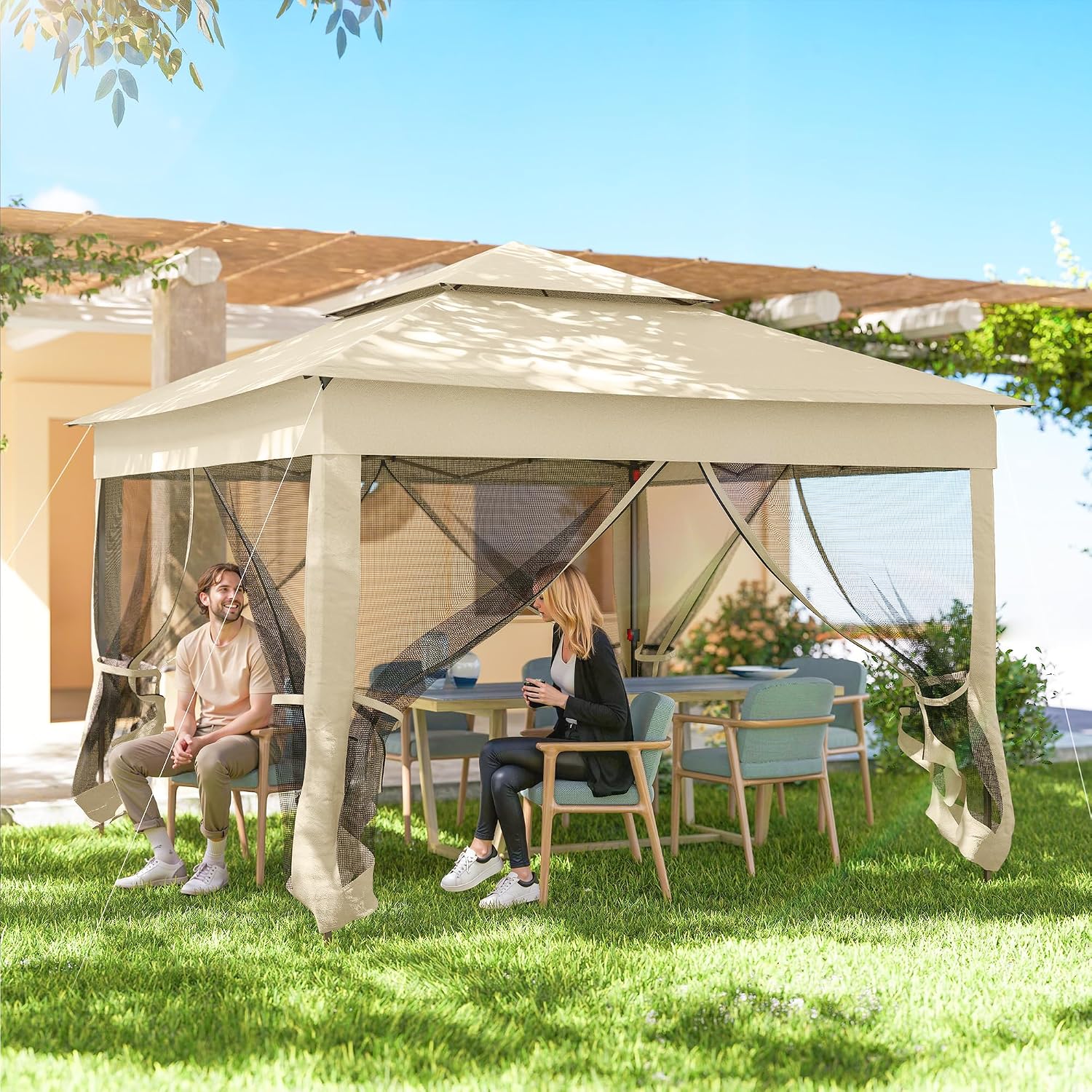 Outsunny 11' x 11' Pop Up Canopy, Outdoor Patio Gazebo Shelter with Removable Zipper Netting, Instant Event Tent w/ 114 Square Feet of Shade and Carry Bag for Backyard, Garden, Beige