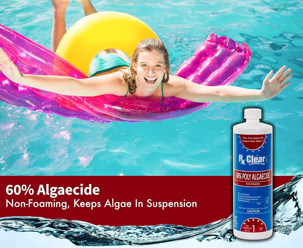 Rx Clear Algaecide 60 Plus | Non-Foaming Formula for Above Or In-Ground Swimming Pools | 60 Percent Poly-Algaecide | Keeping Algae in Suspension | One Quart Bottles | 4 Pack