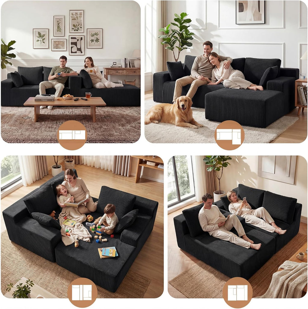 GRUSIGN Cloud Sectional Boneless Couches for Living Room, Modular L Shaped Couch with Deep Seat Oversized Left Facing Chaise, Memory Foam Compressed Spineless 3 Seater Sofa for Apartment, Black