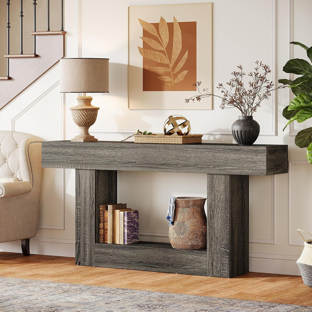 Tribesigns 63-Inch Long Console Table, 2-Tier Entryway Table Sofa Table with Storage, Farmhouse Wood Behind Couch Table for Living Room, Hallway, Rustic Gray