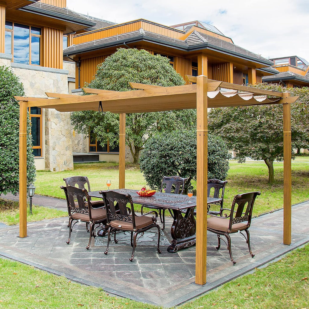 Domi 9'x13' Outdoor Retractable Pergola Against The Wall with Sun Shade Canopy, Pergolas and Gazebos Clearance, Patio Metal Canopy for Deck, Garden, Backyard(Wood-Looking)