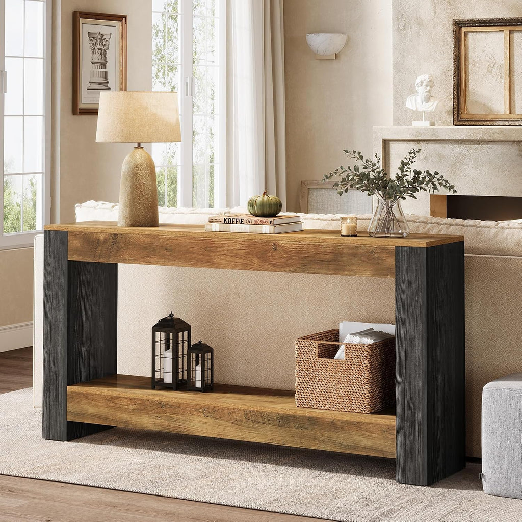Tribesigns 63-Inch Long Console Table for Entryway, Farmhouse Wood Sofa Table Behind Couch for Living Room, Hallway, Entrance, Foyer, Rustic Brown & Black