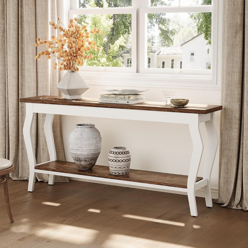 LITTLE TREE 70.9 Inches Long Console Table, 2-Tier Vintage Wooden Sofa Table Behind The Couch with Metal Legs for Hallway, Entryway, Living Room, Brown & White