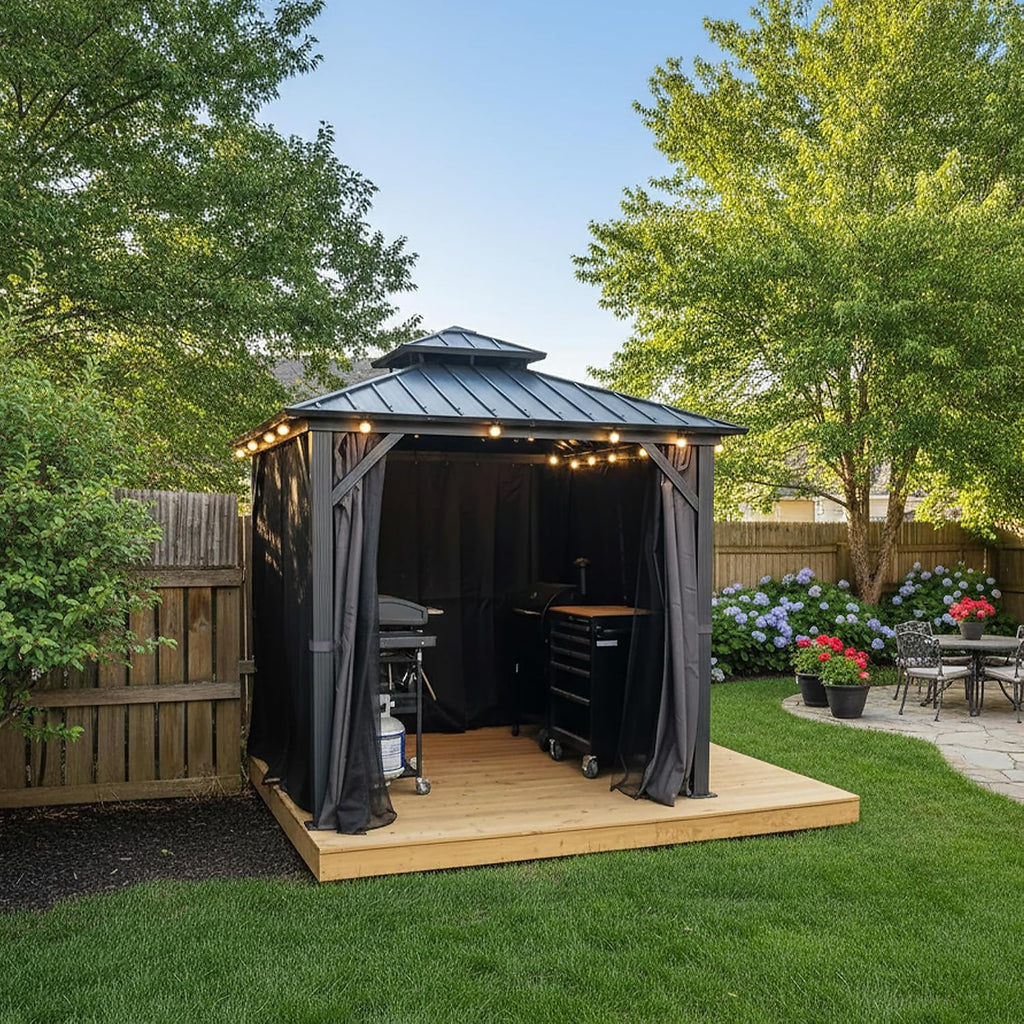 PURPLE LEAF 8'x8' Hardtop Gazebo with Lights All-Weather Galvanized Steel Double Roof Outdoor Patio Garden Gazebo Including Netting and Curtains Grey