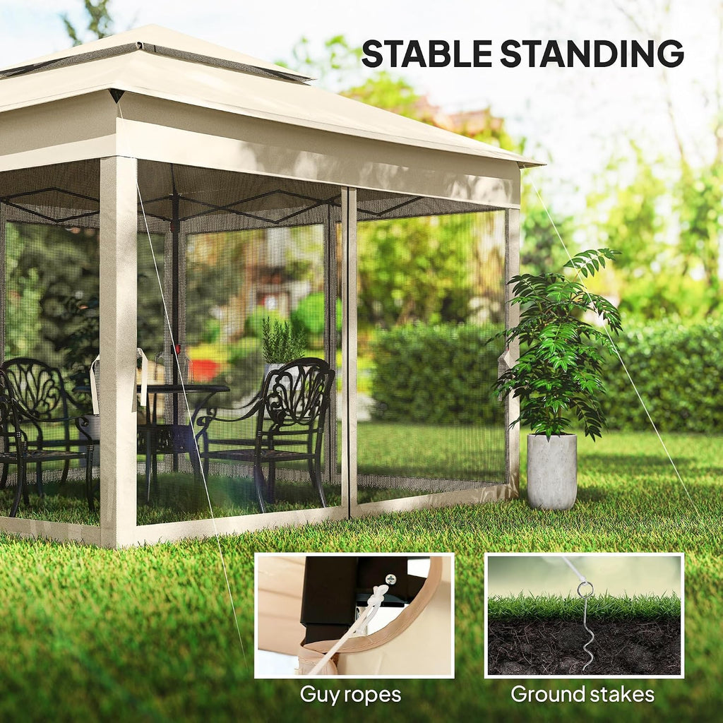 Outsunny 11' x 11' Pop Up Canopy, Outdoor Patio Gazebo Shelter with Removable Zipper Netting, Instant Event Tent w/ 114 Square Feet of Shade and Carry Bag for Backyard, Garden, Beige