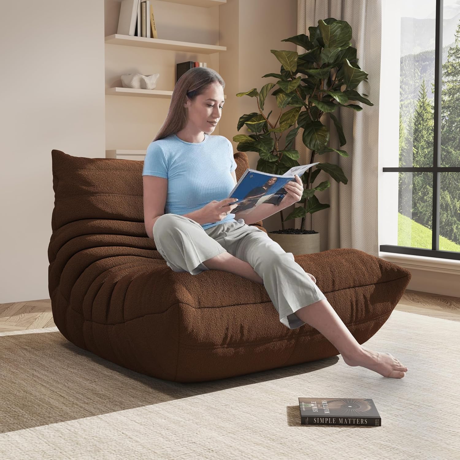 Bean Bag Chair for Adults, Comfy Floor Chair Memory Foam Bean Bag Chair, Cozy Lounge Floor Chair for Gaming, Reading & Relaxation, Small Foam Couch for Living Room, Bedroom(Bistre Coffee, Single)