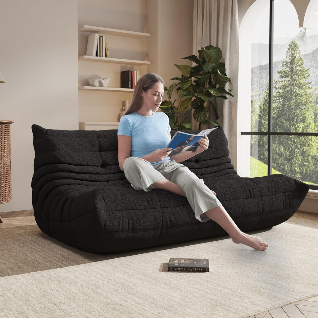 Bean Bag Chair, Cozy Memory Foam Bean Bag Chairs for Adults, Comfy Fireside Accent Chair Lazy Floor Chair for Gaming Bedroom Living Room (Black, 3-Seater)