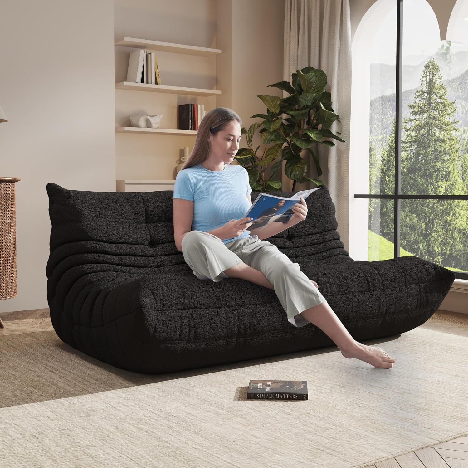 Bean Bag Chair, Cozy Memory Foam Bean Bag Chairs for Adults, Comfy Fireside Accent Chair Lazy Floor Chair for Gaming Bedroom Living Room (Black, 3-Seater)