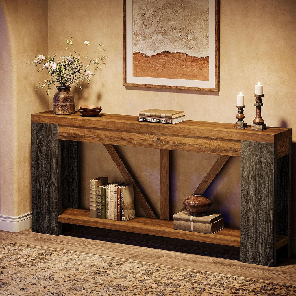 Tribesigns 70.9' Narrow Long Console Table, 2-Tier Farmhouse Entryway Table with Storage Shelf, Rustic Sofa Table Behind Couch for Hallway, Foyer, Living Room, Rustic Brown&Grey