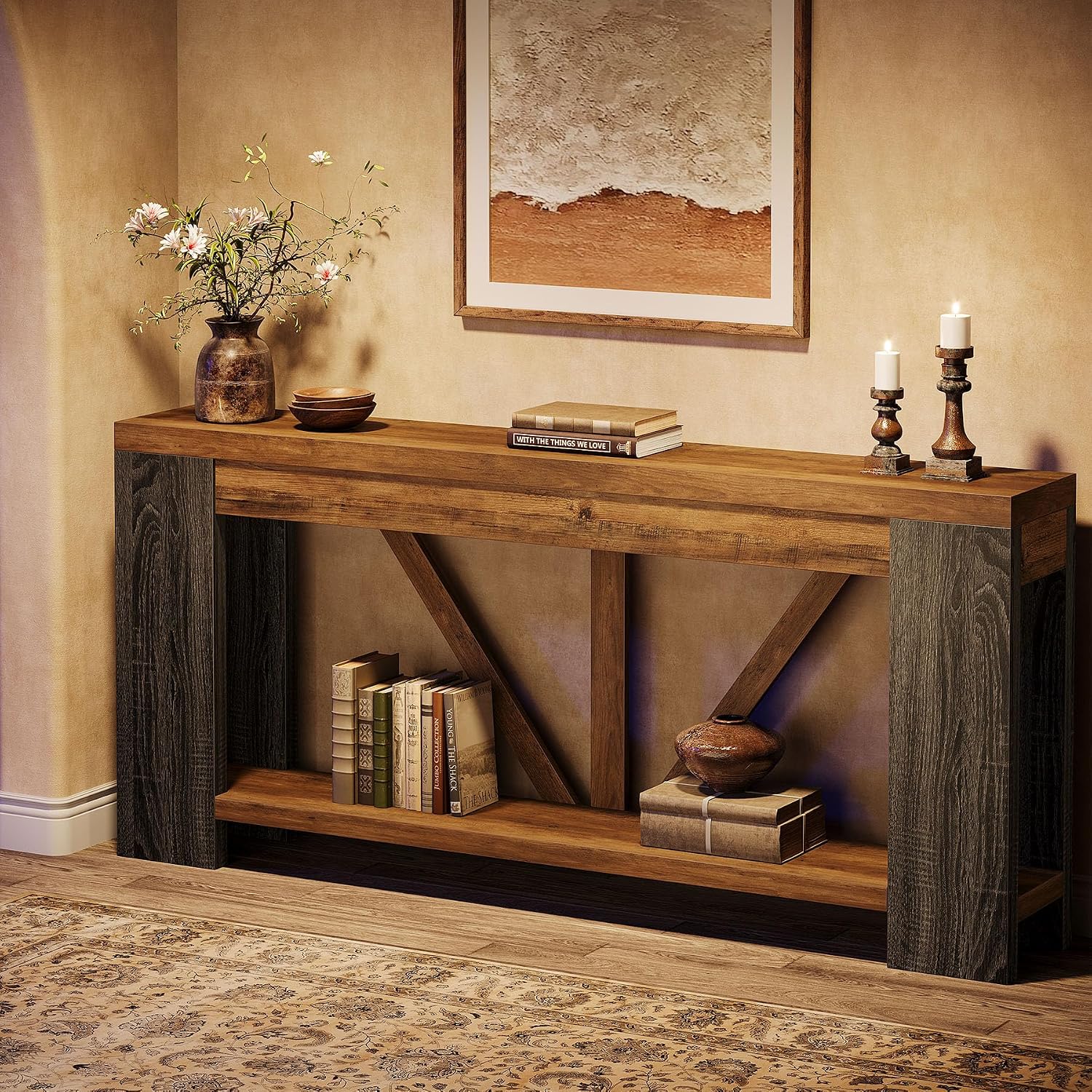 Tribesigns 70.9' Narrow Long Console Table, 2-Tier Farmhouse Entryway Table with Storage Shelf, Rustic Sofa Table Behind Couch for Hallway, Foyer, Living Room, Rustic Brown&Grey