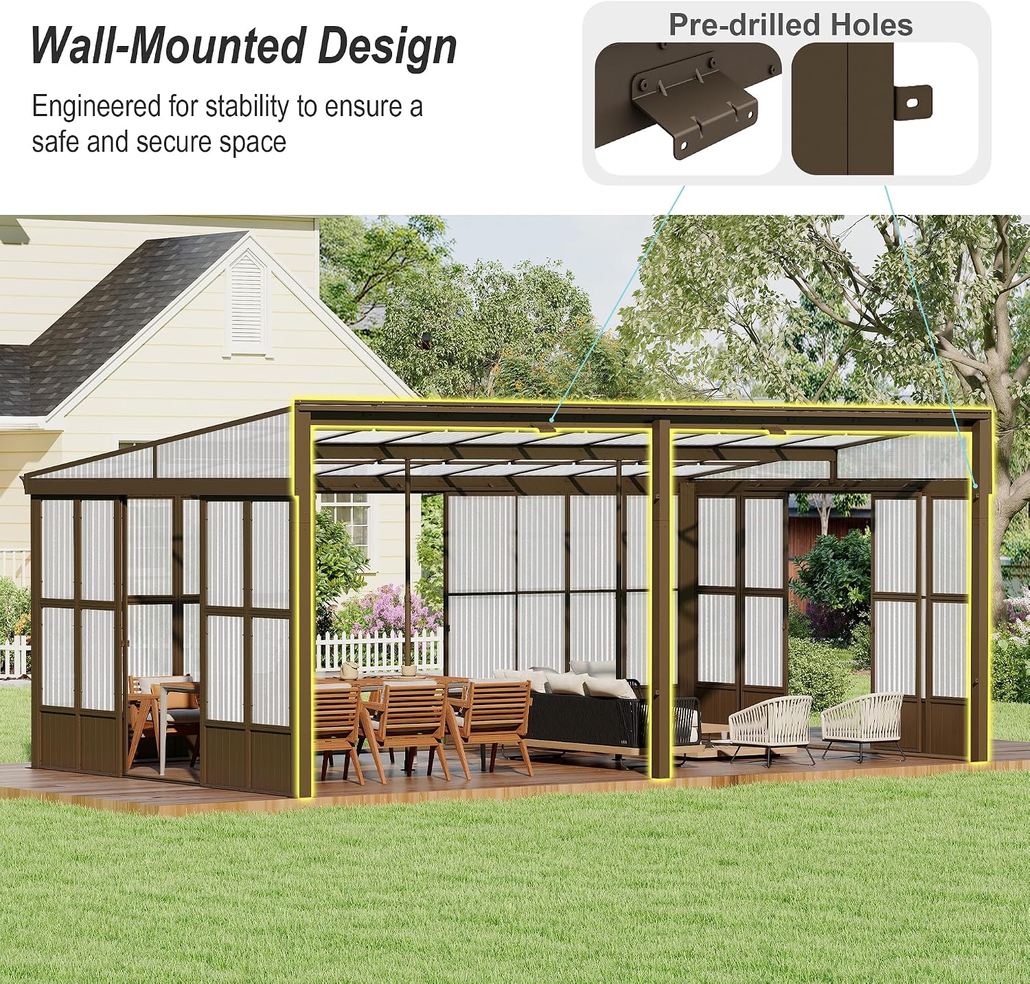 Domi 12x20FT Sunroom, Wall Mounted Sunroom with Polycarbonate Sloping Roof, Outdoor Sunroom Gazebo with Detachable PC Screen, 3 Sliding Double Doors, Lean to Sun Room for Patio, Deck