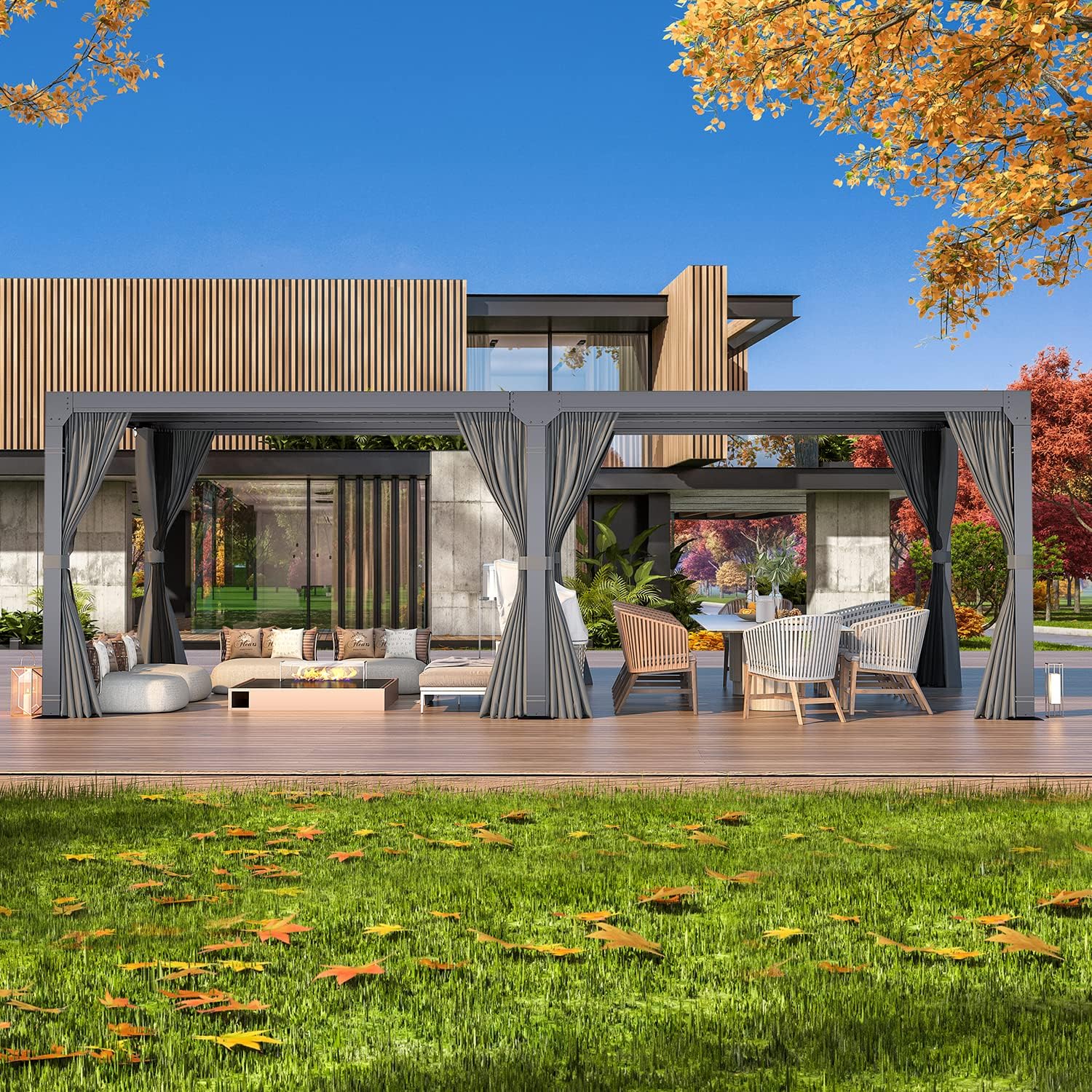 YOLENY Louvered Pergola 12x20, All Aluminum Pergola with Adjustable Rainproof Roof, Outdoor Pergola with Curtains and Nets for Patio & Garden, Dark Grey