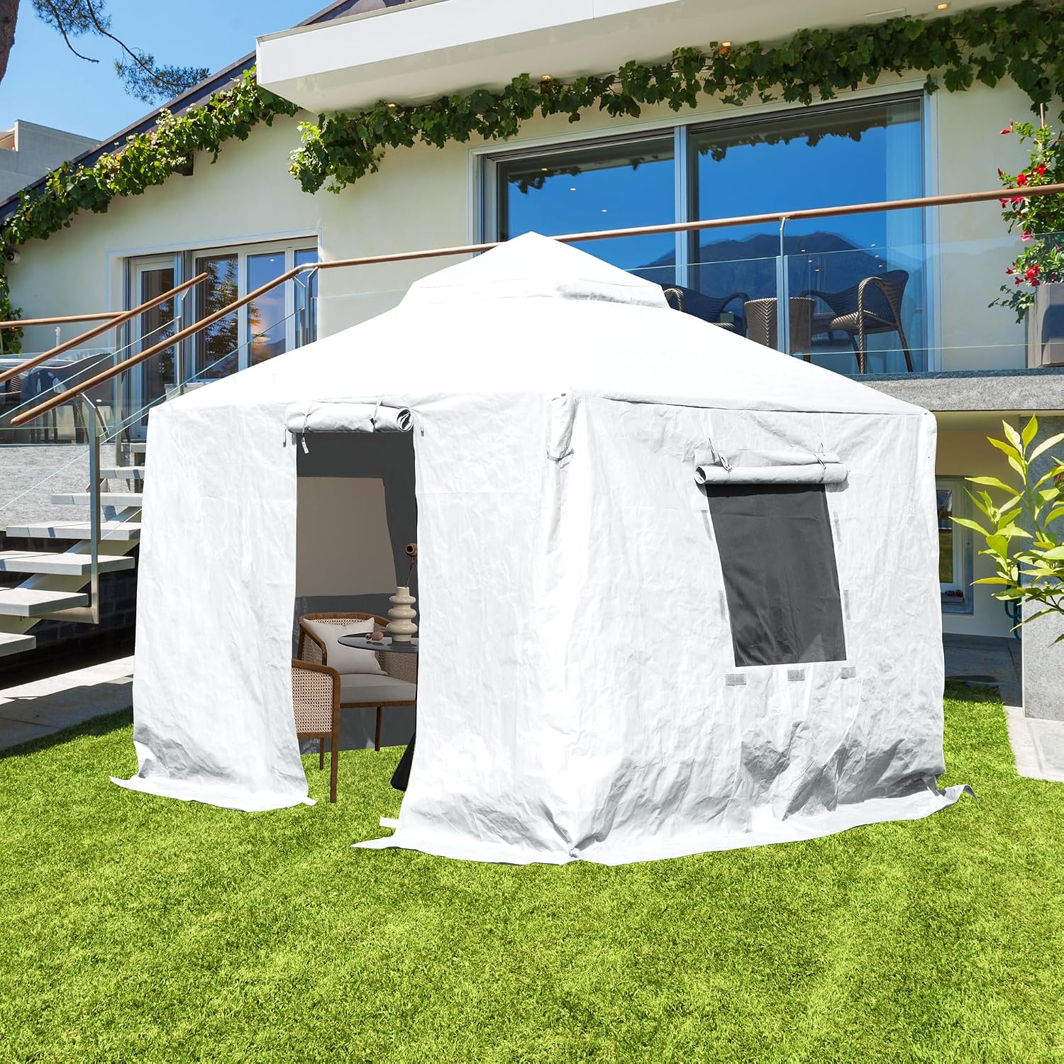 Domi 10'x10' Universal Winter Gazebo Cover, All Season Waterproof Enclosed Cover with Sidewalls and Mesh Windows, White
