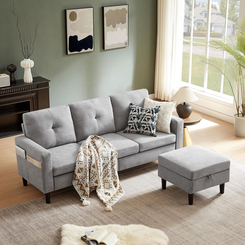80' Convertible Sectional Sofa Couch with Movable Ottoman, 3 Seats Sectional Sofas L Shaped Couch for Small Spaces, Soft Fabric Couch for Living Room (Light Grey)