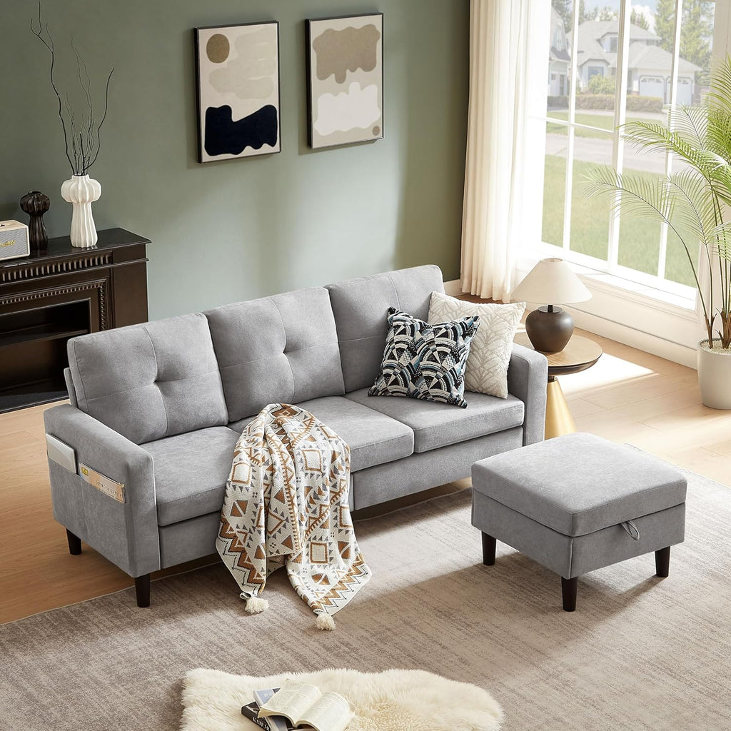 3 Piece Living Room Sofa Sets, Modern 3 Seater Sofa with Storage Ottoman and 2 PSC Armchair Couch Sets, Easy Assembly, Modern 5 Seat Sectional Couches for Living Room, Office, Light Grey