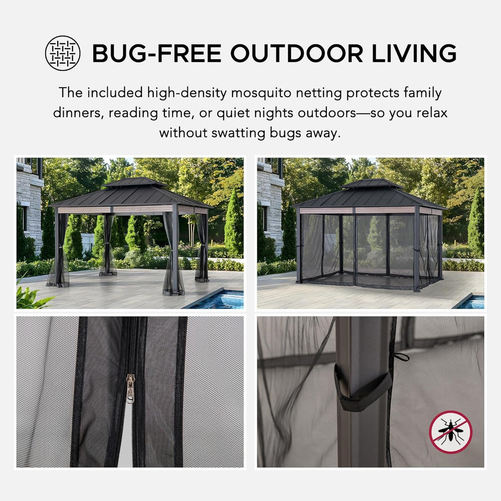 SUNJOY 10x12 Hardtop Gazebo with Heavy-Duty Galvanized Steel Double Roof, Mosquito Netting & Woodgrain Finish Beams, Permanent Pavilion Gazebo for Garden, Patio, Deck, Lawn