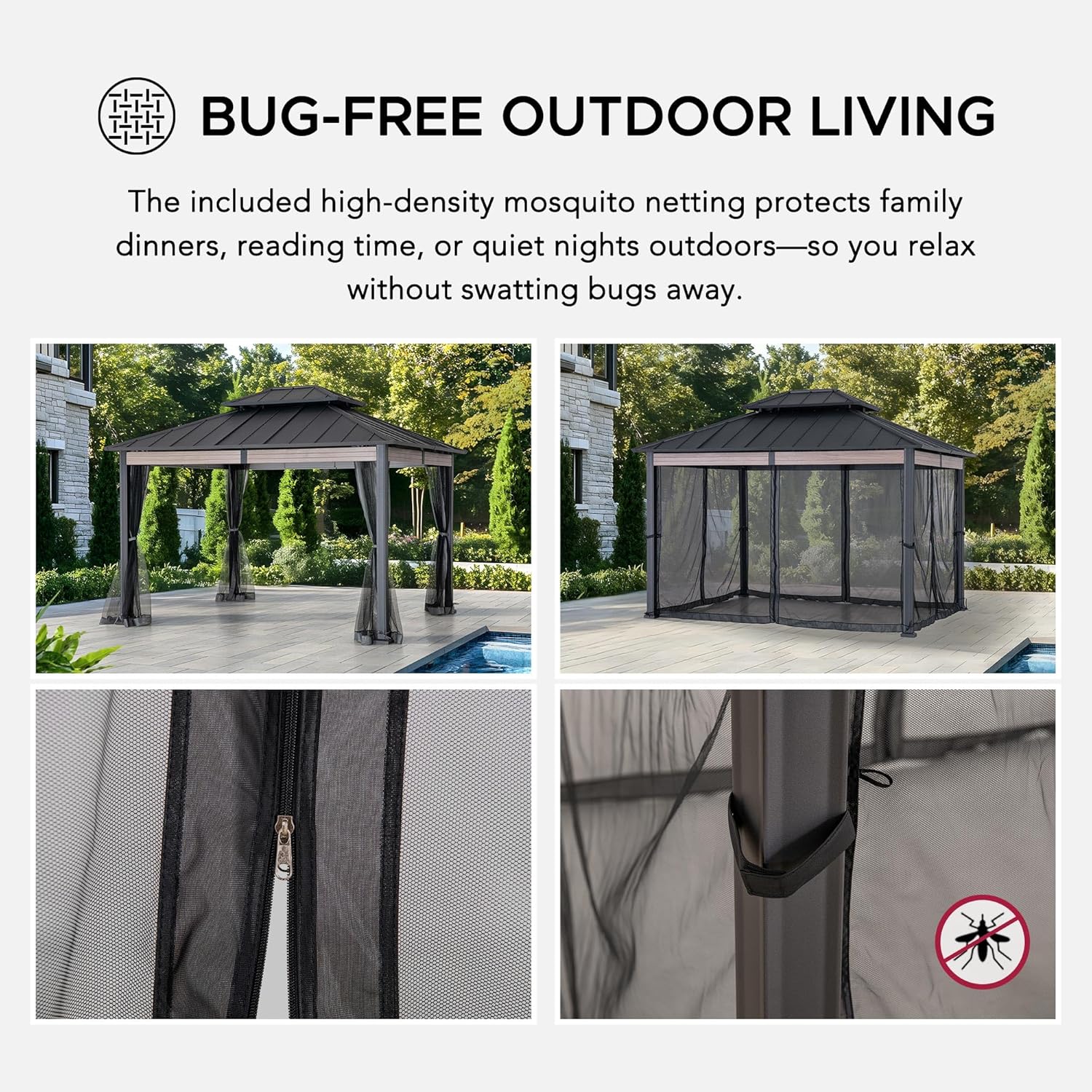SUNJOY 10x12 Hardtop Gazebo with Heavy-Duty Galvanized Steel Double Roof, Mosquito Netting & Woodgrain Finish Beams, Permanent Pavilion Gazebo for Garden, Patio, Deck, Lawn