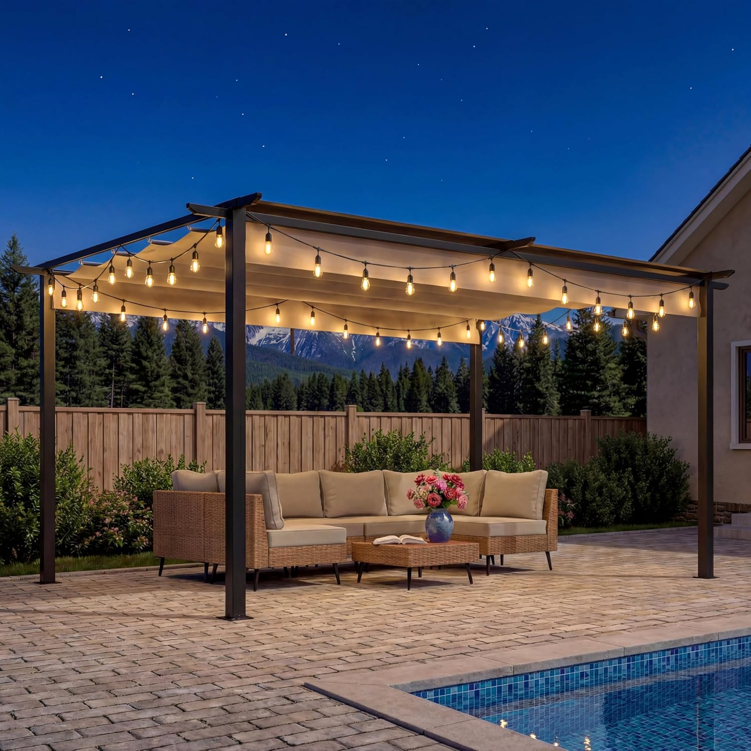 LAUSAINT HOME 10' x 13' Outdoor Retractable Pergola with Lights, Heavy-Duty Aluminum Pergola with Sun Shade Canopy for Garden, Backyard, Deck, Porch, Brown
