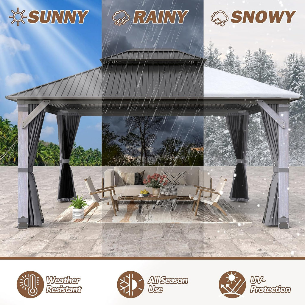 12' x 14' Wood Gazebo, Outdoor Hardtop Gazebo with Wood Posts and Galvanized Steel Doule Roof, Wooden Frame Gazebos with Netting and Curtains for Patio, Backyard, Deck Garden