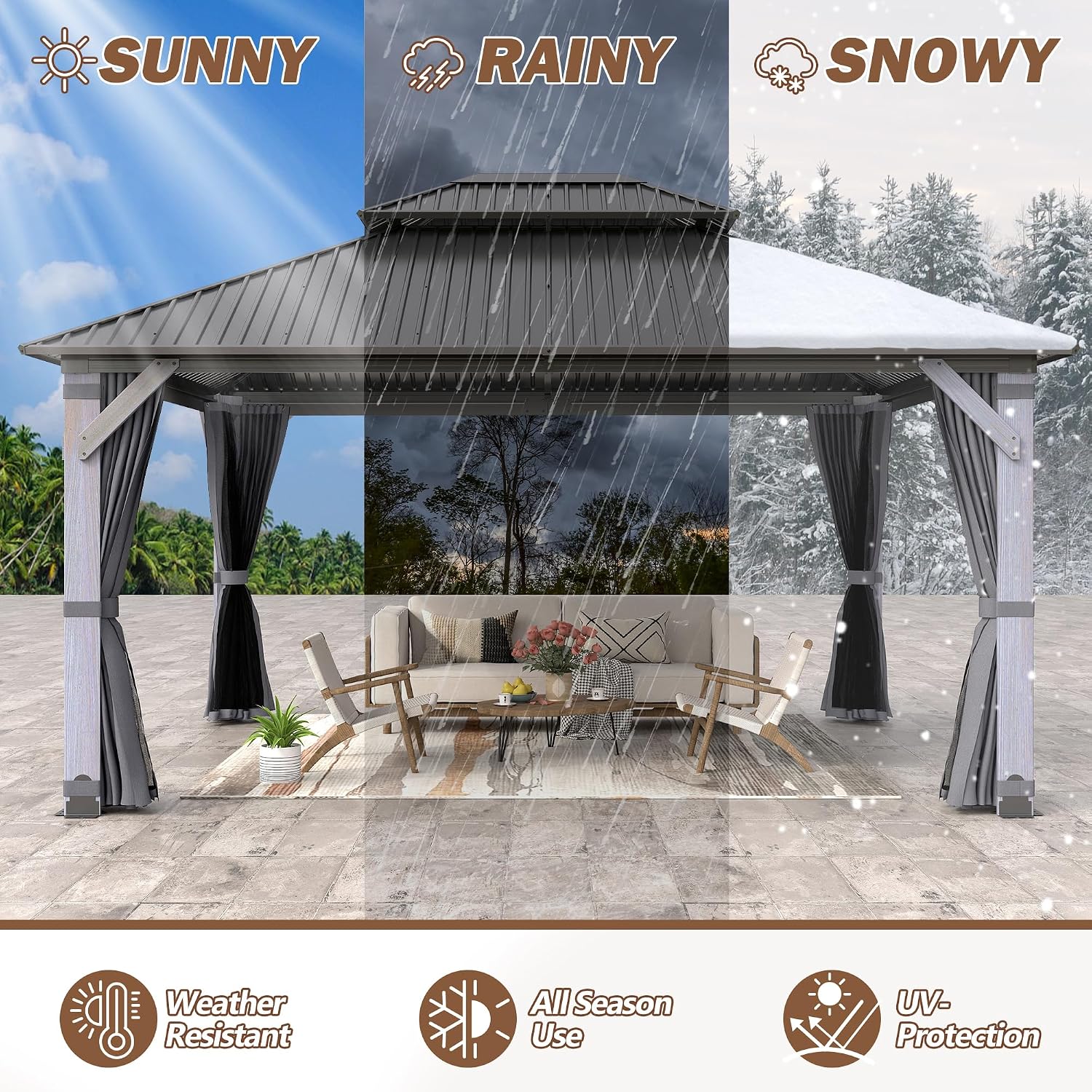 12' x 14' Wood Gazebo, Outdoor Hardtop Gazebo with Wood Posts and Galvanized Steel Doule Roof, Wooden Frame Gazebos with Netting and Curtains for Patio, Backyard, Deck Garden
