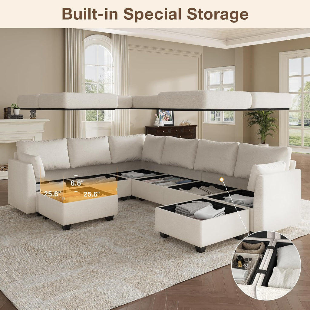 Modular Sectional Sofa Couches, Large Convertible Modular Couches with Storage, 8-Seater Sectional Sofa for Living Room, U Shaped Sectional Couch Sleeper Sofa with Chaise (Beige, 8 Seats)