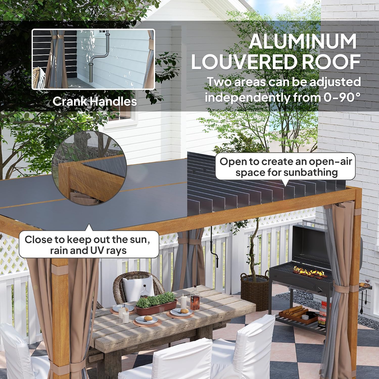 Outsunny 10' x 13' Louvered Pergola Hardtop Gazebo with Adjustable Aluminum Roof and Frame, Outdoor Pergola with Curtains and Netting, for Garden, Lawn, Backyard, and Deck, Natural Wood