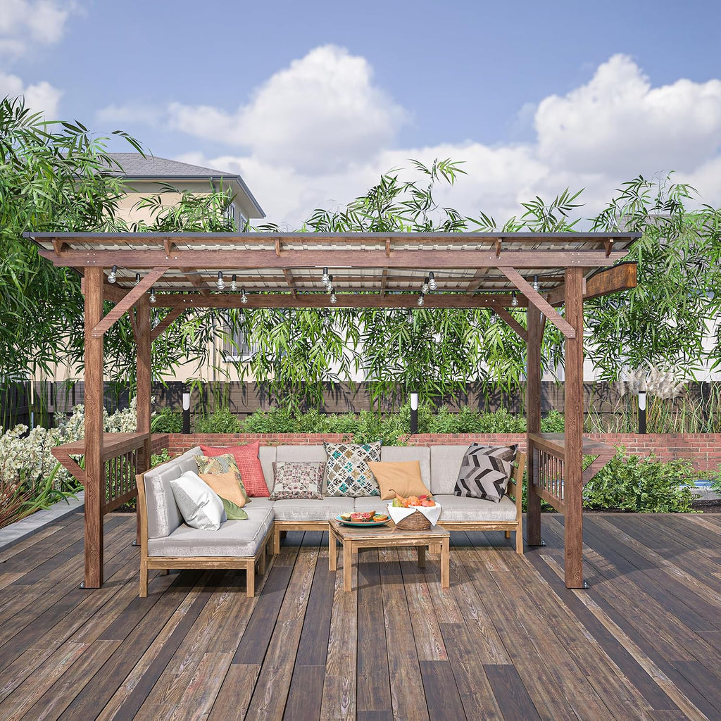 13'x 6.5' Wooden Pergola Grill Gazebo, Hardtop Gazebo with Metal Roof & Bulbs & Bar Counters, Spacious Shade for Outdoor BBQ, Patio Backyard Poolside