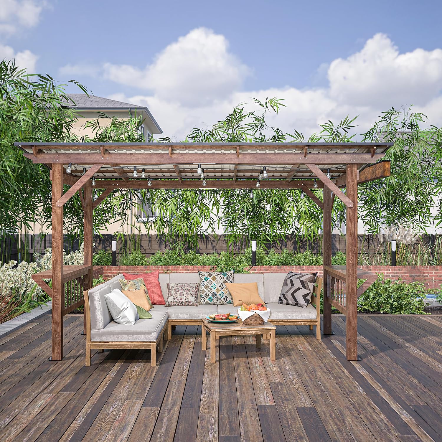 13'x 6.5' Wooden Pergola Grill Gazebo, Hardtop Gazebo with Metal Roof & Bulbs & Bar Counters, Spacious Shade for Outdoor BBQ, Patio Backyard Poolside