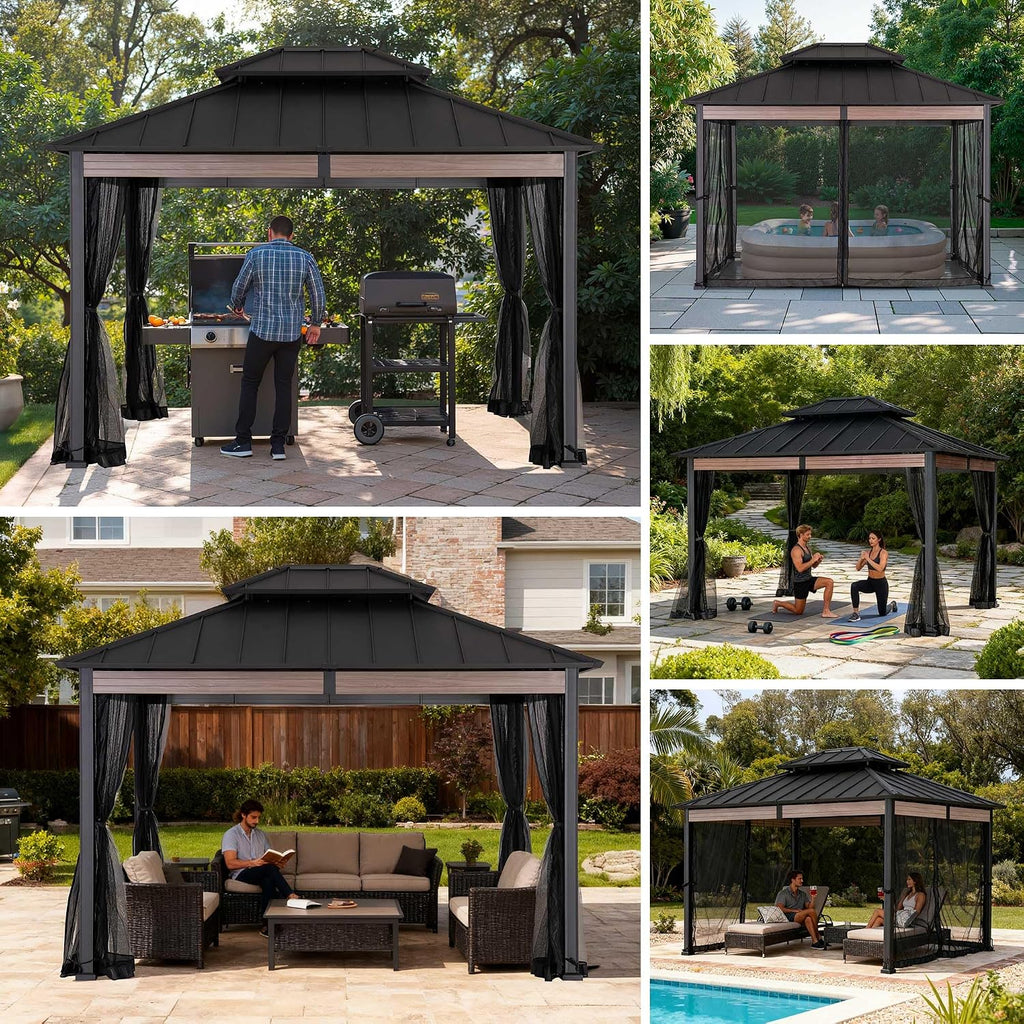 SUNJOY 10x12 Hardtop Gazebo with Heavy-Duty Galvanized Steel Double Roof, Mosquito Netting & Woodgrain Finish Beams, Permanent Pavilion Gazebo for Garden, Patio, Deck, Lawn