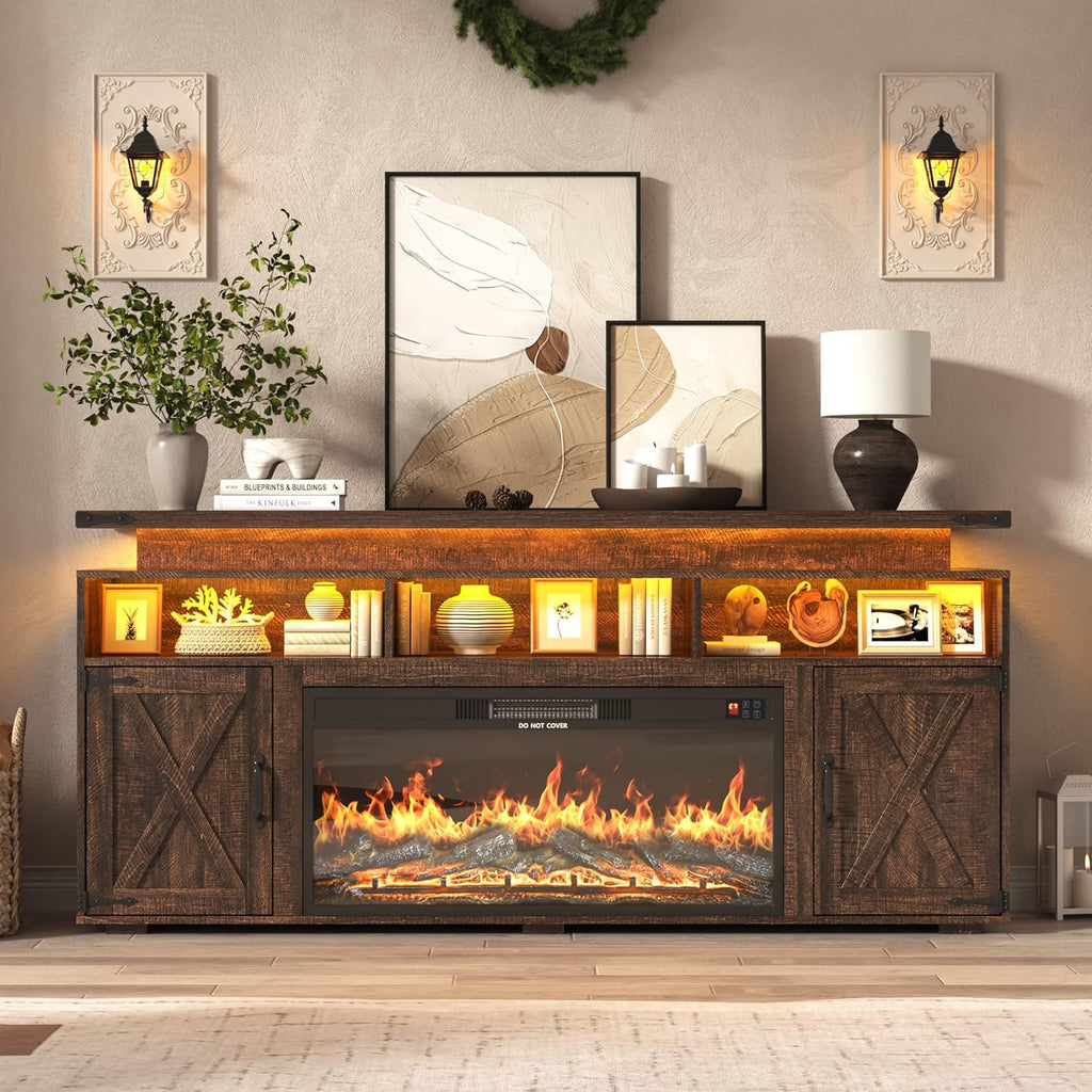 Farmhouse Fireplace TV Stand w/Power Outlet for 75/80 Inch TV, 32' Tall Entertainment Center w/ 36' Electric Fireplace,LED Light, Rustic Media Console w/Sliding Barn Door for Living Room,Rustic Brown