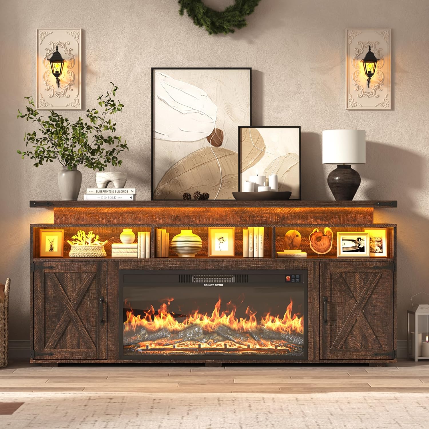 Farmhouse Fireplace TV Stand w/Power Outlet for 75/80 Inch TV, 32' Tall Entertainment Center w/ 36' Electric Fireplace,LED Light, Rustic Media Console w/Sliding Barn Door for Living Room,Rustic Brown