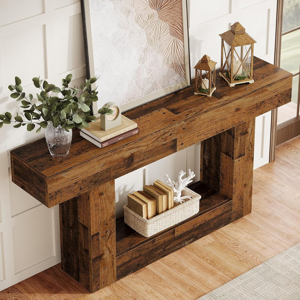 Tribesigns 63-Inch Long Console Table, 2-Tier Entryway Table Sofa Table with Storage, Farmhouse Wood Behind Couch Table for Living Room, Hallway, Rustic Mixed Brown