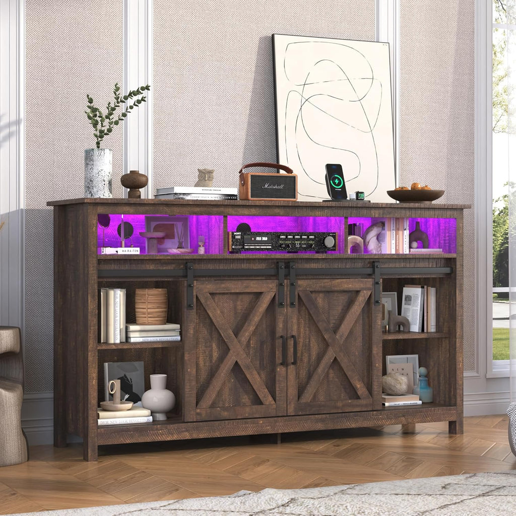 jiteentarou Farmhouse TV Stand for 65 Inch TV with Power Outlet, LED Entertainment Center with Storage and Sliding Barn Doors, Wood Media Console for Living Room, Brown