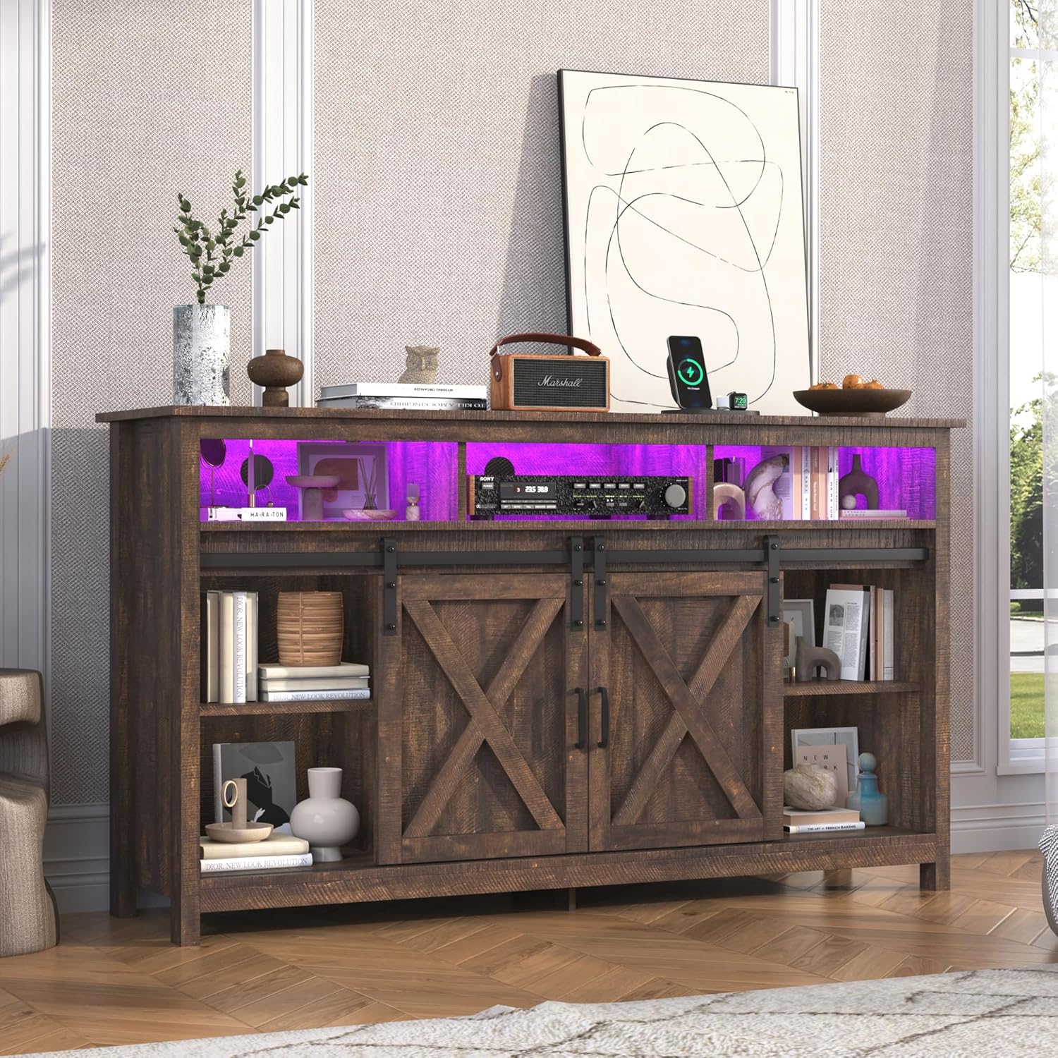 jiteentarou Farmhouse TV Stand for 65 Inch TV with Power Outlet, LED Entertainment Center with Storage and Sliding Barn Doors, Wood Media Console for Living Room, Brown