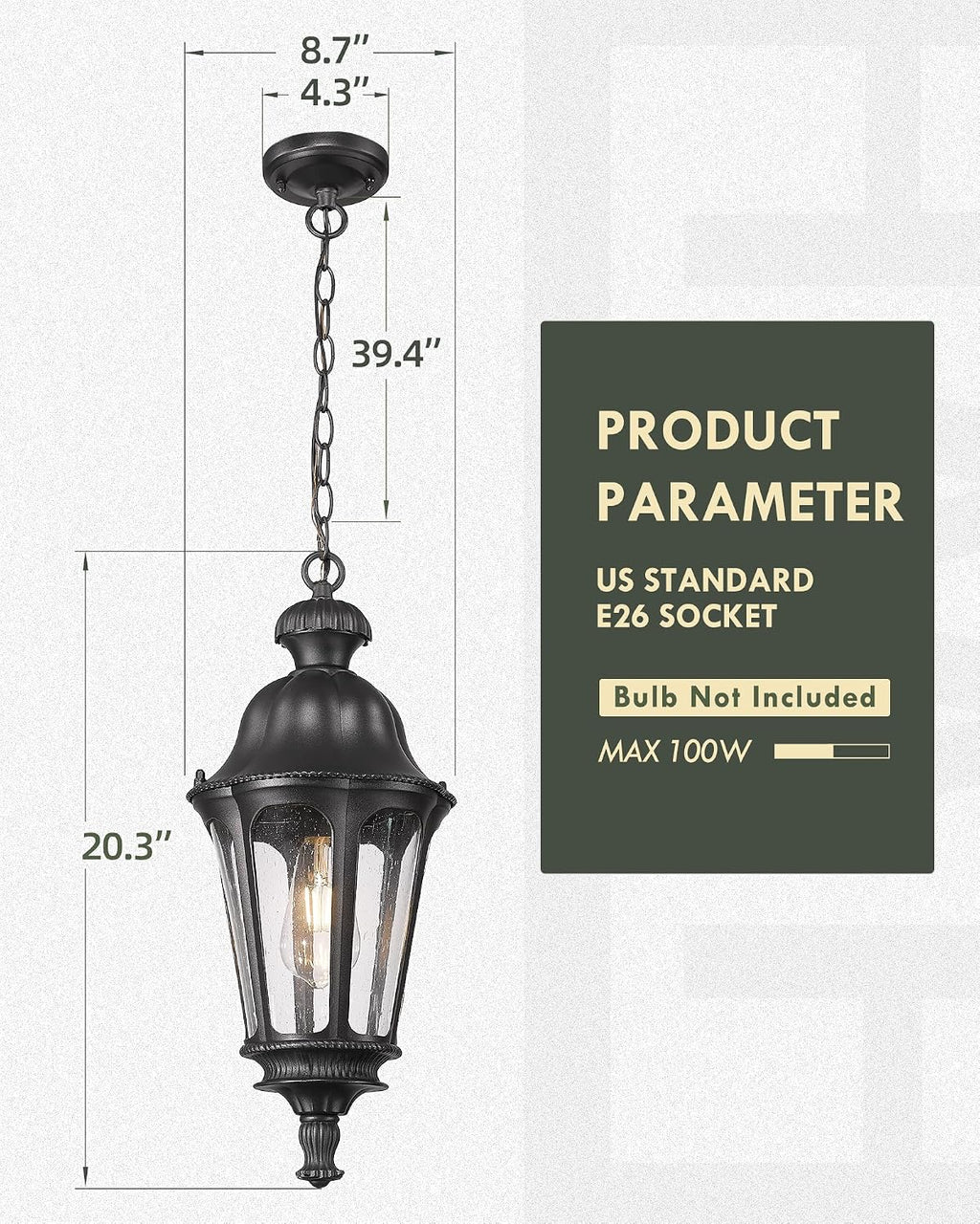 Outdoor Pendant Lights for Porch, HWH 20'' Large Outdoor Chandelier for Gazebo with Seeded Glass, Exterior Hanging Lantern Light Fixtures, Matte Black Finish, 5HW90H-M BK
