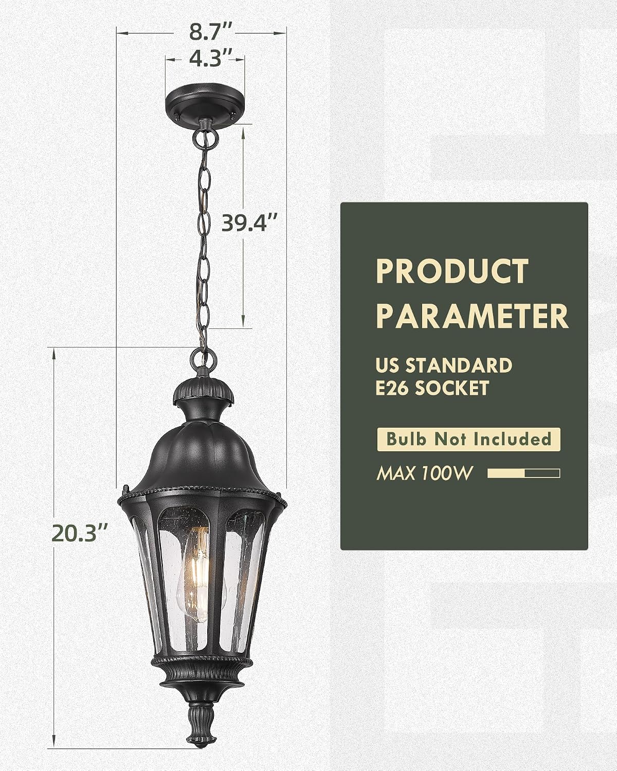 Outdoor Pendant Lights for Porch, HWH 20'' Large Outdoor Chandelier for Gazebo with Seeded Glass, Exterior Hanging Lantern Light Fixtures, Matte Black Finish, 5HW90H-M BK