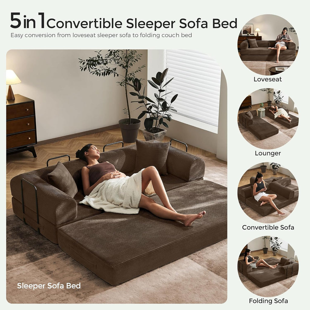 79' Convertible Sofa Bed with Fixed-Shape Frame & Removable Armrests, Modular Corduroy Sleeper Sofa, Folding Mattress Couch for Small Spaces - No Assembly Needed in Brown (Includes 2 Pillows)