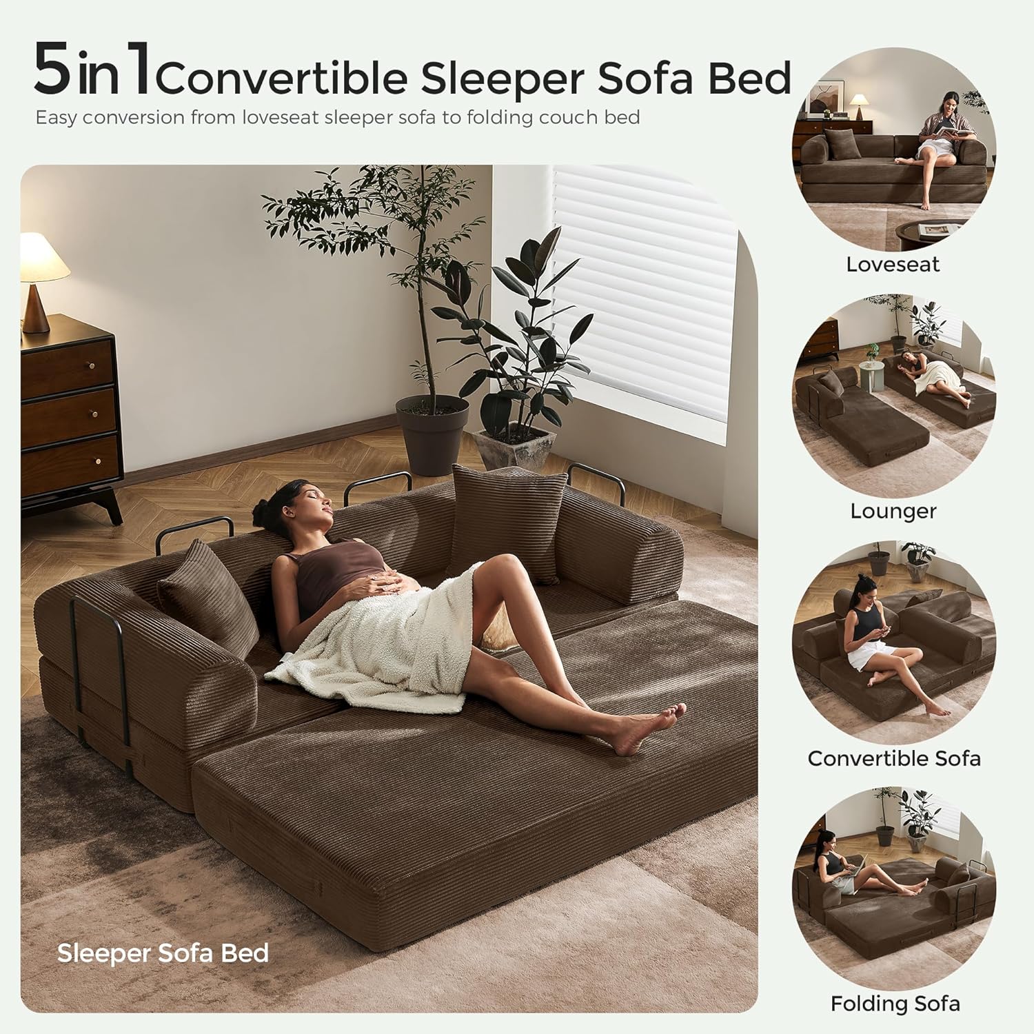 79' Convertible Sofa Bed with Fixed-Shape Frame & Removable Armrests, Modular Corduroy Sleeper Sofa, Folding Mattress Couch for Small Spaces - No Assembly Needed in Brown (Includes 2 Pillows)
